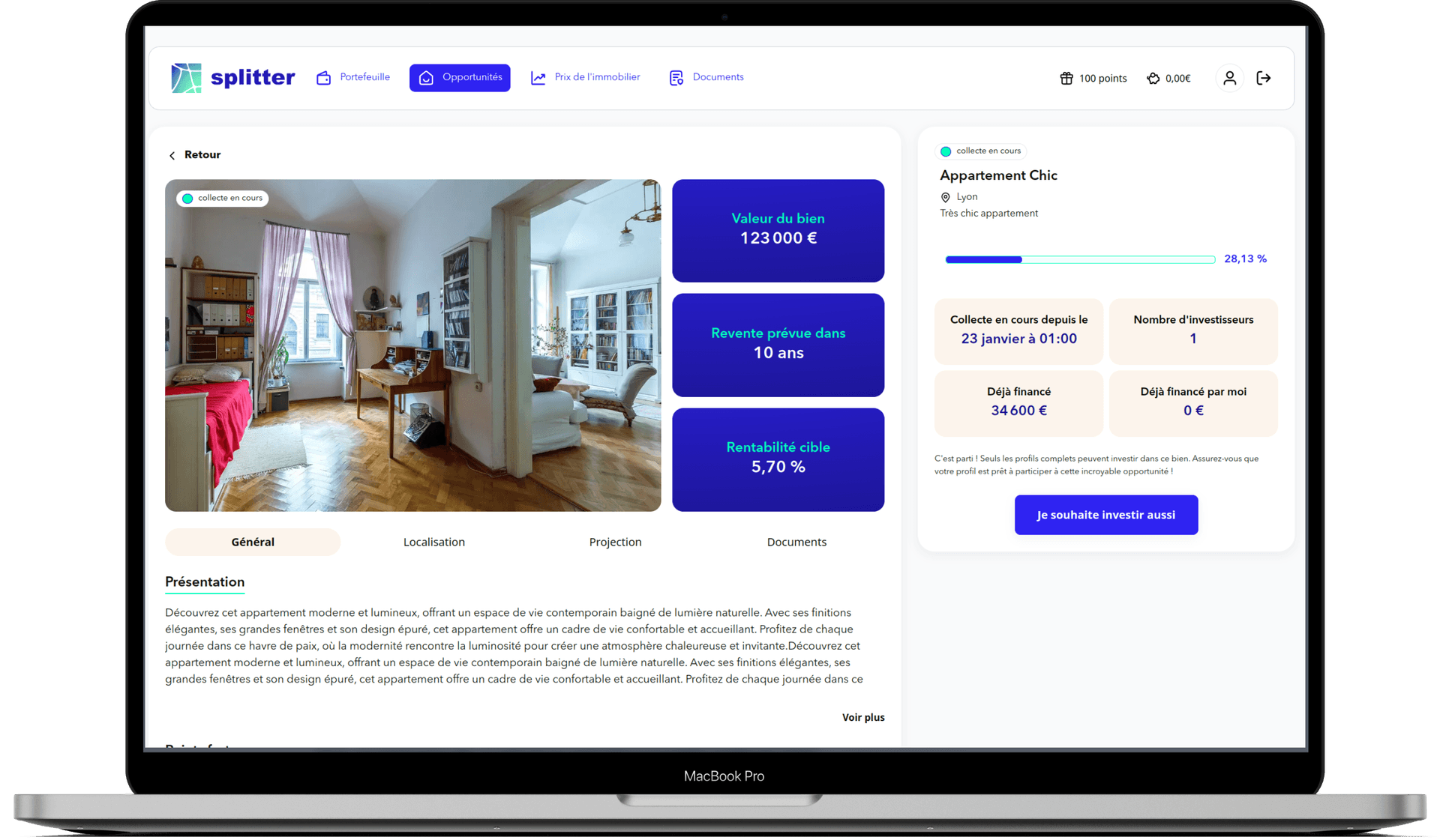 Interface présentant la liste des biens